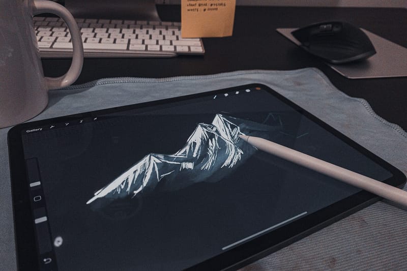 Mountains sketched on tablet